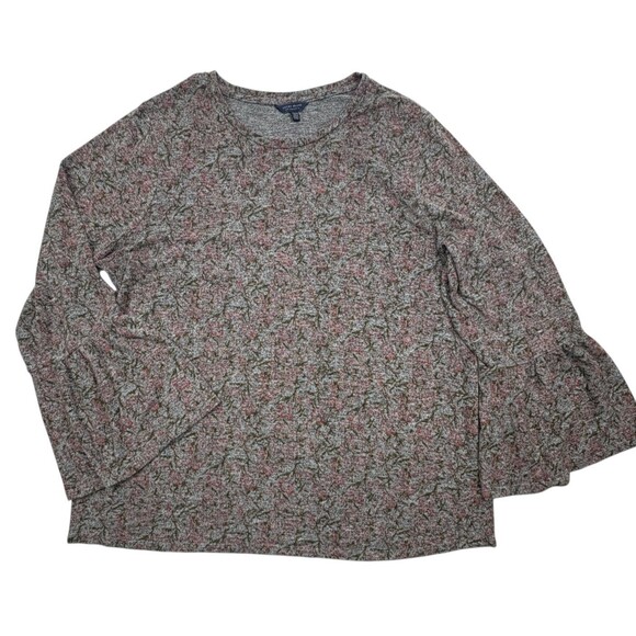 Lucky Brand Abstract Floral Knit Bell Sleeve Top Plus 2X Heather Gray Pink - Picture 1 of 9